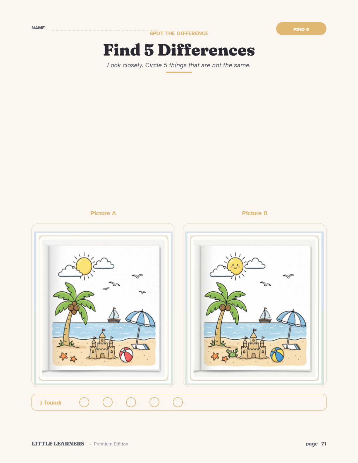 Sample page from Kindertally pack — emotions activity